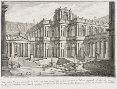 Pylväskäytävien ympäröimä antiikin forum tekijältä Giovanni Battista Piranesi