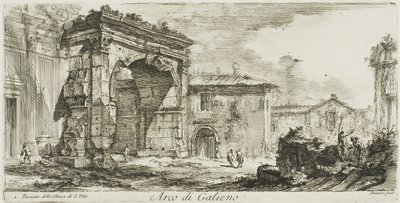 Galienuksen kaari. I. S. Viton kirkon julkisivu, levy 29 teoksesta Joitakin näkymiä riemukaarista ja muista muistomerkeistä. tekijältä Giovanni Battista Piranesi