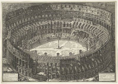 Rooman Colosseum Näkymä Flaviuksen amfiteatterille, joka tunnetaan nimellä Colosseum (otsikko esineessä) Gezichten op Rome (sarjan nimi) Näkymät Roomaan suunnitellut ja kaivertanut Giambattista Piranesi arkkitehti Ve (nez) iano (sarjan nimi) tekijältä Giovanni Battista Piranesi