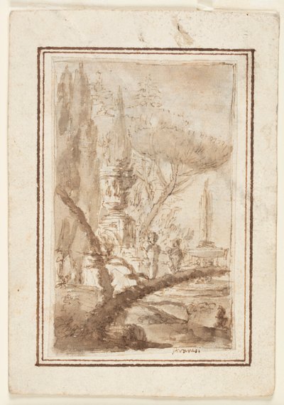 Fantasia puutarhasta, jossa on monumentaalinen uurna, veistoksia ja suihkulähde tekijältä Giovanni-Battista Piranesi