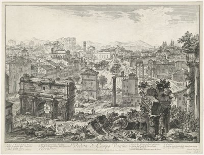 Forum Romanum te Rome Näkymä Campo Vaccinolle (otsikko esineessä) Gezichten op Rome (sarjan nimi) Näkymät Roomaan suunnitellut ja kaivertanut Giambattista Piranesi arkkitehti Ve (nez) iano (sarjan nimi) tekijältä Giovanni-Battista Piranesi