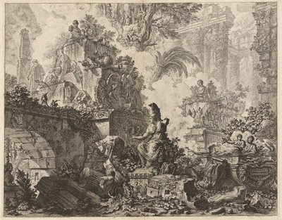 Frontispiece, Fantasy of Ruins ja Minerva-patsas keskellä etualalla, Vedute di Roma (näkymät Roomaan) tekijältä Giovanni-Battista Piranesi