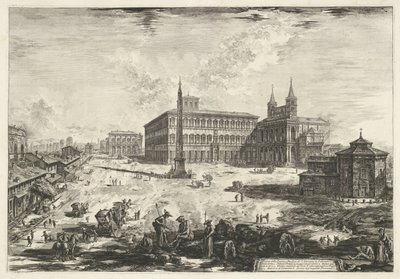 Gezicht op het Lateraan te Rome met de Sint-Jan van Lateranen Näkymä Piazzalle ja S. Giovannin basilikalle Lateranossa (otsikko esineessä) Gezichten op Rome (sarjan nimi) Näkymät Roomaan suunnitellut ja kaivertanut Giambattista Piranesi arkkitehti Ve (nez) tekijältä Giovanni-Battista Piranesi