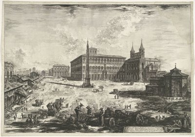 Gezicht op het Lateraan te Rome met de Sint-Jan van Lateranen Näkymä Piazzalle ja S. Giovannin basilikalle Lateranossa (otsikko esineessä) Gezichten op Rome (sarjan nimi) Näkymät Roomaan suunnitellut ja kaivertanut Giambattista Piranesi arkkitehti Ve (nez) tekijältä Giovanni Battista Piranesi