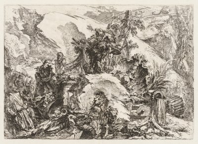 Groteschi: Rauniot, joissa on kuoleman pää ja luuranko tekijältä Giovanni Battista Piranesi