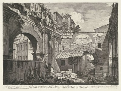 Interieur van de Porticus van Octavia te Rooma Sisäkuva Octavian portikon atriumista (otsikko esineessä) Gezichten op Rome (sarjan nimi) Näkymät Roomaan suunnitellut ja kaivertanut Giambattista Piranesi arkkitehti Ve (nez) iano (sarjan nimi) tekijältä Giovanni Battista Piranesi