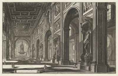 Interieur van de Sint-Jan van Lateranen te Rooma Sisäkuva S. Giovanni Lateranon basilikasta (otsikko esineessä) Gezichten op Rome (sarjan nimi) Näkymät Roomaan suunnitellut ja kaivertanut Giambattista Piranesi arkkitehti Ve (nez) iano (sarjan nimi) tekijältä Giovanni-Battista Piranesi
