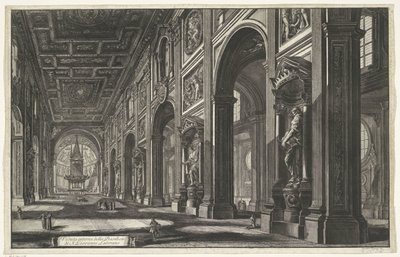 Interieur van de Sint-Jan van Lateranen te Rooma Sisäkuva S. Giovanni Lateranon basilikasta (otsikko esineessä) Gezichten op Rome (sarjan nimi) Näkymät Roomaan suunnitellut ja kaivertanut Giambattista Piranesi arkkitehti Ve (nez) iano (sarjan nimi) tekijältä Giovanni-Battista Piranesi