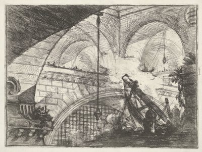 Dungeon nostoasennuksella Kaari kuorikoristeella Dungeons (sarjan nimi) Invenzioni Capric di Carceri all Acqua Forte (sarjan nimi) tekijältä Giovanni Battista Piranesi