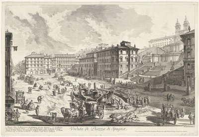 Espanjalaiset portaat Roomassa Näkymä Piazza di Spagnalle (otsikko esineessä) Gezichten op Rome (sarjan nimi) Näkymät Roomaan suunnitellut ja kaivertanut Giambattista Piranesi arkkitehti Ve (nez) iano (sarjan nimi) tekijältä Giovanni Battista Piranesi