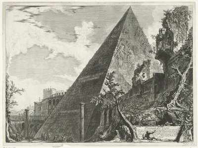 Piramide van Cestius te Rome C. Cestion pyramidi (otsikko esineessä) Gezichten op Rome (sarjan nimi) Näkymät Roomaan suunnitellut ja kaivertanut Giambattista Piranesi arkkitehti Ve (nez) iano (sarjan nimi) tekijältä Giovanni Battista Piranesi