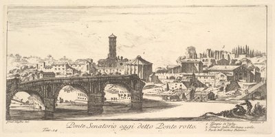 Kilpi 14: Senatorial Bridge, nykyään nimeltään Ponte Rotto Broken Bridge. 1. Temple o..., n. 1748. tekijältä Giovanni Battista Piranesi