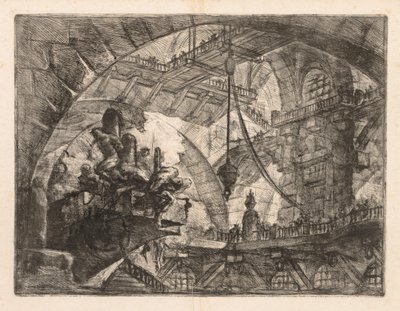 Vankilat: Laaja galleria, jossa on ryhmä vankeja tekijältä Giovanni Battista Piranesi
