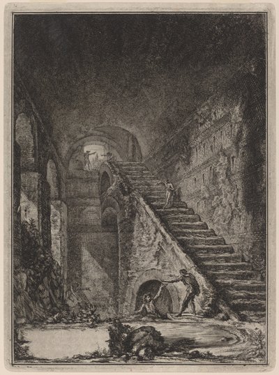 Näkökulma edellä mainittujen talojen vesihuollon portaikkoon, joka mainitaan suunnitelmassa letissä XIII. G. tekijältä Giovanni Battista Piranesi