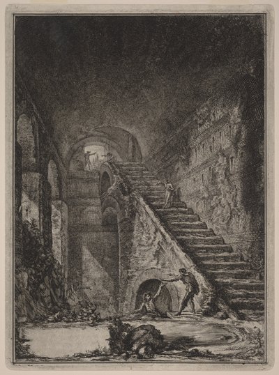 Perspektiivikuva edellä mainittujen majoitustilojen vesisäiliön portaikosta, joka on merkitty pohjapiirrokseen taulussa XIII kirjaimella G tekijältä Giovanni Battista Piranesi