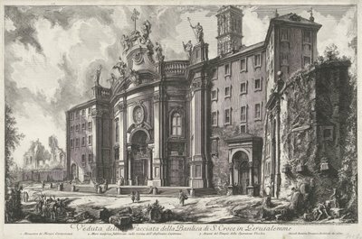 Santa Croce Gerusalemme te Roomassa Näkymä Gerusalemmessa sijaitsevan S. Crocen basilikan julkisivulle (otsikko esineessä) Gezichten op Rome (sarjan nimi) Näkymät Roomaan suunnitellut ja kaivertanut Giambattista Piranesi arkkitehti Ve (nez) iano (sarjan ni tekijältä Giovanni Battista Piranesi