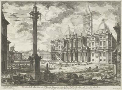 Santa Maria Maggiore Roomassa Näkymä Santa Maria Maggioren basilikasta ja mainitun basilikan kaksi sivutehdasta (otsikko esineessä) Gezichten op Rome (sarjan nimi) Näkymät Roomaan suunnitellut ja kaivertanut Giambattista Piranesi arkkitehti Ve (nez) ia tekijältä Giovanni Battista Piranesi