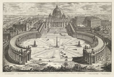 Sint-Pietersplein ja Sint-Pietersbasiliek te Vaticaanstad Näkymä kuuluisalle Vatikaanin basilikalle, jossa on suuri Portico, ja viereiselle Piazzalle (otsikko esineessä) Gezichten op Rome (sarjan nimi) Näkymät Roomaan Giambattista Piranesin kaaren suunnitt tekijältä Giovanni Battista Piranesi