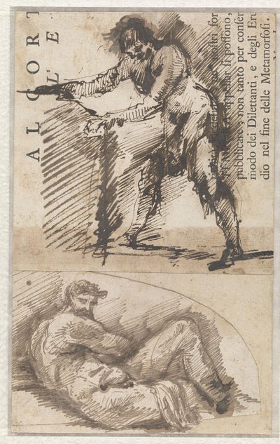 Tutkielma seisovasta mieshahmosta, joka mittaa jalustaa (a). Tutkielma Michelangelon Päivä-veistoksen mukaan (b) tekijältä Giovanni Battista Piranesi