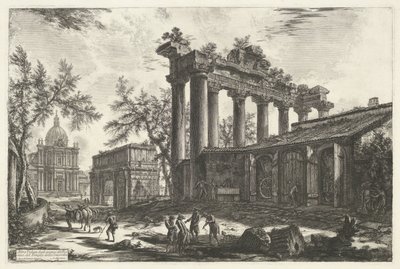 Rooman Saturnuksen temppeli Toinen näkymä Concordian temppelin Pronaoksen jäännöksistä (otsikko esineessä) Gezichten op Rome (sarjan nimi) Näkymät Roomaan suunnitellut ja kaivertanut Giambattista Piranesi arkkitehti Ve (nez) iano (sarjan nimi) tekijältä Giovanni-Battista Piranesi