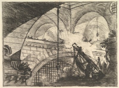 Kaari kuorikoristeen kanssa, Carceri dinvenzione Imaginary Prisons -vankilasta, n. 1749-50. tekijältä Giovanni Battista Piranesi