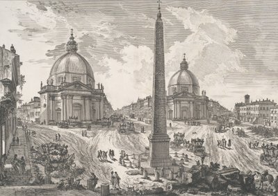 Piazza del Popolo Näkymä Piazza del Popololle, n. 1750. tekijältä Giovanni Battista Piranesi