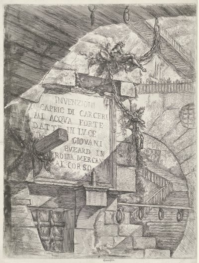 Otsikkoprintti kasvot vankityrmässä ja otsikko seinällä Dungeons (sarjan nimi) Invenzioni Capric di Carceri all Acqua Forte (sarjan nimi esineessä) tekijältä Giovanni Battista Piranesi