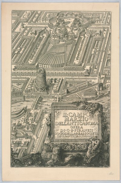 Nimisivu, "Muinaisen Rooman Campo Marzio", osasta 20 "Giovanni Battista Piranesin täydelliset teokset" tekijältä Giovanni Battista Piranesi