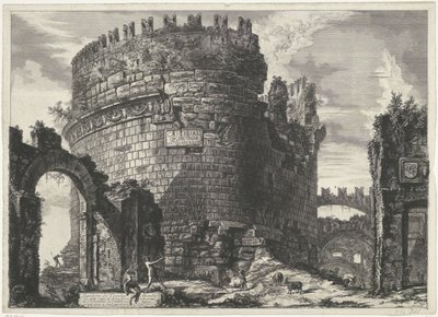 Tombe van Caecilia Metella Roomassa Cecilia Metellin hauta (...) (otsikko esineessä) Gezichten op Rome (sarjan nimi) Rooman näkymät piirtänyt ja kaivertanut Giambattista Piranesi arkkitehti Ve(nez)iano (sarjan nimi) tekijältä Giovanni-Battista Piranesi