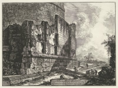 Plautius Lucanuksen haudat Näkymä Plauzian perheen haudan jäännöksistä Tiburtinan kautta lähellä Luganon siltaa kahden mailin päässä Tivolista (otsikko esineessä) Gezichten op Rome (sarjan nimi) Giambattiksen suunnittelema ja kaivertama Rooman näkymät tekijältä Giovanni Battista Piranesi