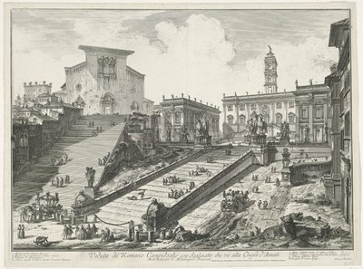Trappen naar Piazza del Campidoglio en de Santa Mariassa Aracoeli te Roomassa Näkymä roomalaiselle Campidogliolle ja Aracelin kirkkoon johtavat portaat (otsikko esineessä) Gezichten op Rome (sarjan nimi) Näkymät Roomaan suunnitellut ja kaivertanut Giambatt tekijältä Giovanni-Battista Piranesi