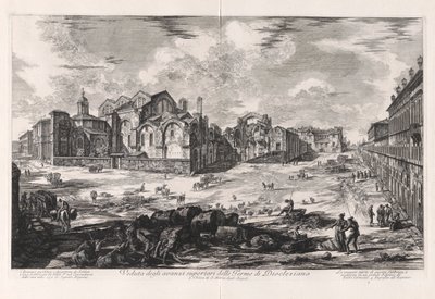Näkymä Diocletianuksen kylpylän ylemmille raunioille [kaukainen näkymä Santa Maria degli Angelin kirkolle], Vedute di Romasta (näkymät Roomaan) tekijältä Giovanni-Battista Piranesi