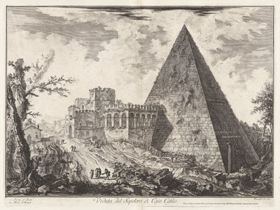 Veduta del Sepolcro di Cajo Cestio (näkymä Caius Cestiuksen pyramidihaudalle [jossa Porta S. Paolo vasemmalla]), Vedute di Romasta (näkymät Roomaan) tekijältä Giovanni Battista Piranesi