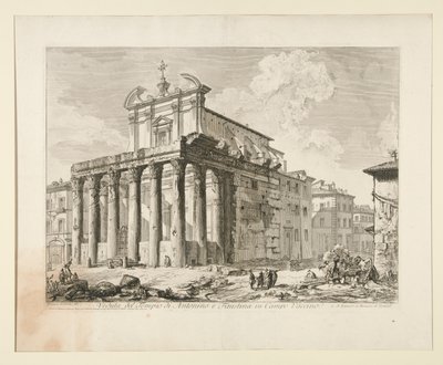 Näkymä Antoninuksen ja Faustinan temppelistä Campo Vaccinossa. (Näkymä Antoninuksen ja Faustinan temppelistä Forum Romanumissa.), Vedute di Romasta tekijältä Giovanni Battista Piranesi