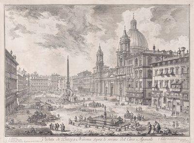 Näkymä Piazza Navona -aukiolle Domitianuksen sirkuksen raunioiden yläpuolella, Vedute di Romasta (näkymät Roomaan) tekijältä Giovanni-Battista Piranesi