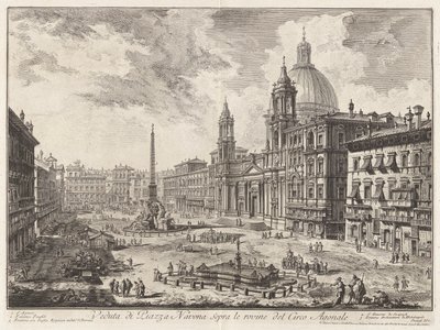 Näkymä Piazza Navona -aukiolle Domitianuksen sirkuksen raunioiden yläpuolella, Vedute di Romasta (näkymät Roomaan) tekijältä Giovanni Battista Piranesi