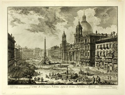 Näkymä Piazza Navonalle Domitianuksen sirkuksen raunioiden yläpuolella, kirjasta Näkymiä Roomasta. tekijältä Giovanni Battista Piranesi
