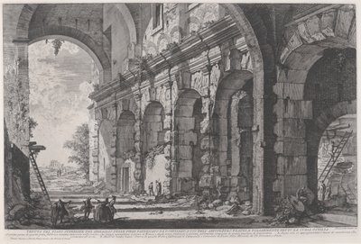 Näkymä keisari Domitianuksen rakentamien villieläinten häkkien yläkerroksesta, joka liittyy Flaviuksen amfiteatteriin ja jota kutsutaan yleisesti Curia Hostiliaksi, n. 1760-1778 (etsaus) tekijältä Giovanni Battista Piranesi