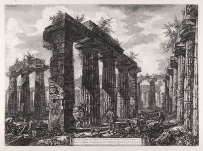 Näkymä rakennuksen pronaoksen jäännöksistä; rakennusta voidaan pitää amfiktyonien kollegiona... teoksesta Différentes vues de... Pesto tekijältä Giovanni Battista Piranesi