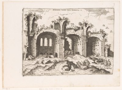 Gezicht op de Basilica van Maxentius te Rome Näkymä Rauhantemppelin raunioista (otsikko esineessä) Rooman rauniot (sarjan nimi) Jotkut Rooman antiikin tärkeät monumentit (...) (sarjan nimi) tekijältä Giovanni Battista Pittoni (I)