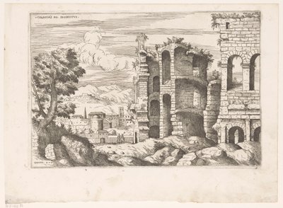 Gezicht op het Colosseum en omgeving te Rome Colosseum ro -esite (otsikko esineessä) Rooman rauniot (sarjan nimi) Jotkut Rooman antiikin tärkeät monumentit (...) (sarjan nimi) tekijältä Giovanni Battista Pittoni (I)