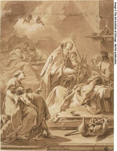Pyhä Gilbert vierailee sairaiden luona tekijältä Giovanni Battista Pittoni the Younger