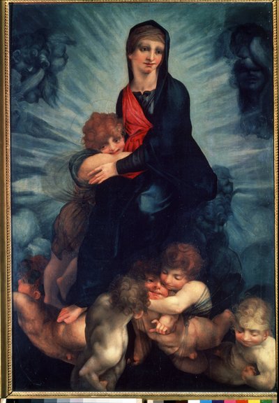 Neitsyt ja lapsi enkelien kanssa (Neitsyt ja lapsi enkelien kanssa). Fiorentino Rosson (1495-1540) maalaus. Öljy kankaalle tekijältä Giovanni Battista Rosso Fiorentino