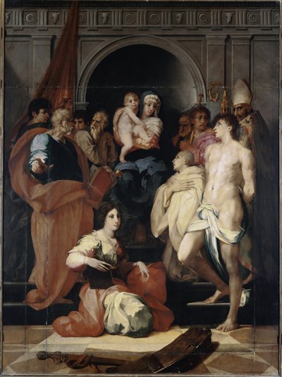 Madonnalla valtaistuimella on lapsi ja pyhät (öljy kankaalle tekijältä Giovanni Battista Rosso Fiorentino