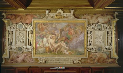 Adoniksen kuolema, yksityiskohta Fransiskus I:n gallerian koristelujärjestelmästä, 1530-40 fresko ja stukki. tekijältä Giovanni Battista Rosso Fiorentino