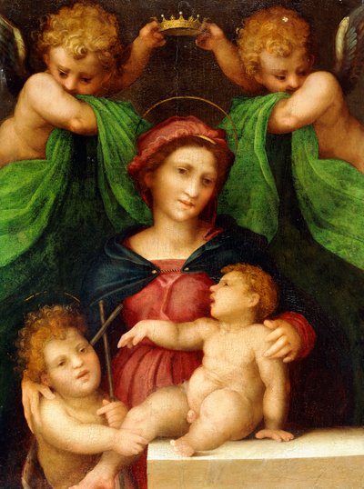 Madonna ja lapsi pikkulapsen Pyhän Johannes Kastajan ja kahden enkelin kanssa, n. 1512 tekijältä Giovanni Battista Rosso Fiorentino