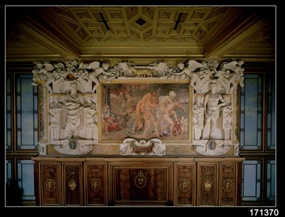 Troijan tai Catanian ryöstäminen, yksityiskohta Francis I:n gallerian koristekuviosta (1494-1547) 1535-40 (fresko ja stukko) tekijältä Giovanni Battista Rosso Fiorentino