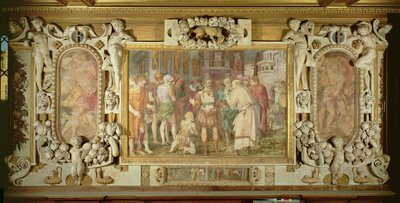 Valtion yhdistyminen, yksityiskohta Fransiskus I:n gallerian koristelujärjestelmästä, 1530-40 fresko ja stukki. tekijältä Giovanni Battista Rosso Fiorentino