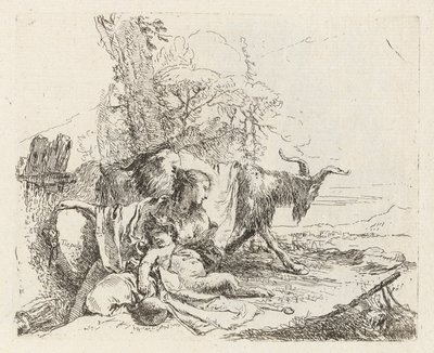 Nymfi, jossa on pieni satyyri ja kaksi vuohetta, Vari capricci (Various Capriccios) tekijältä Giovanni Battista Tiepolo