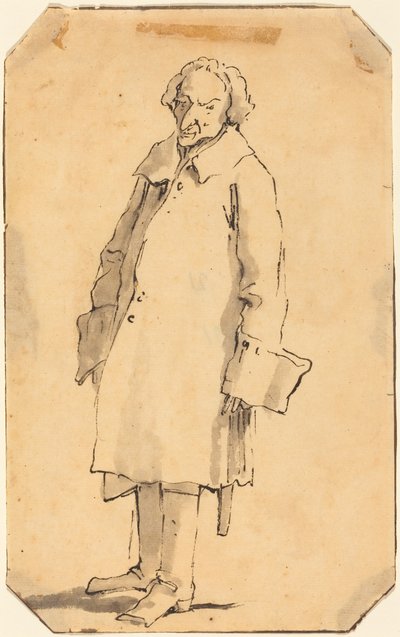 Pitkään päällystakkiin ja saappaisiin pukeutunut seisova mies tekijältä Giovanni Battista Tiepolo